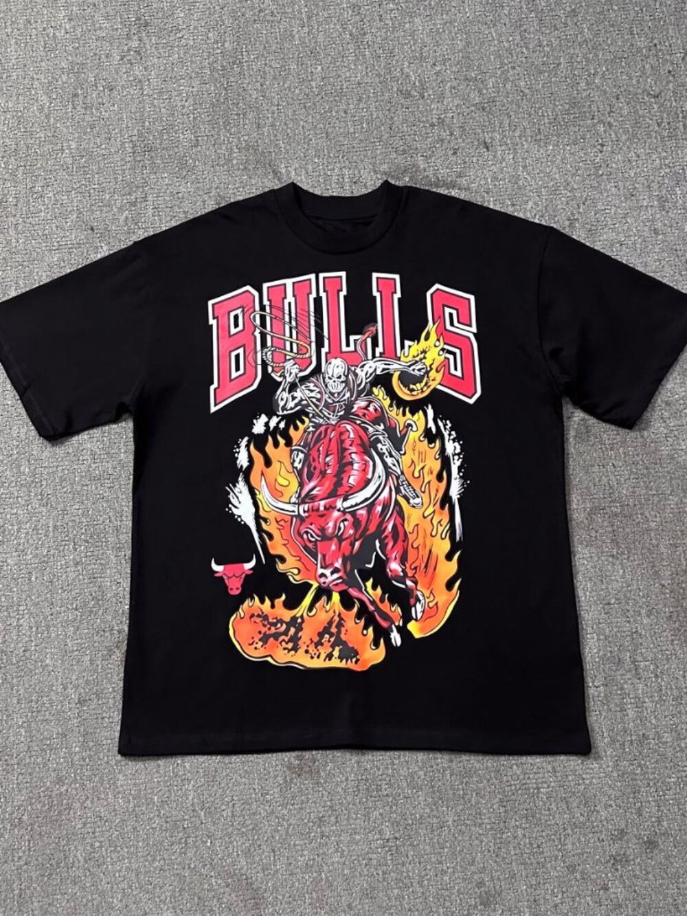 Chicago Bulls Flaming Bull Skeleton Rider Graphic Tee – Basketball Shirt